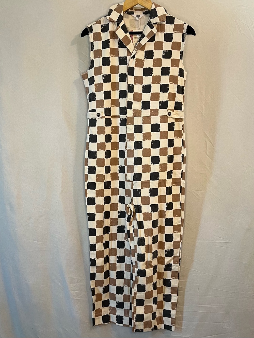 Checkerboard Sleeveless Jumpsuit in Black, White & Brown
